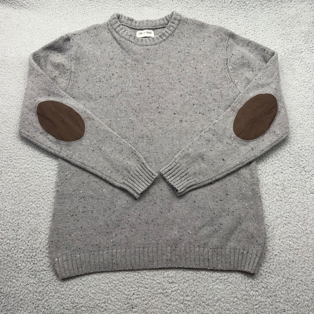 Line of Trade Mens Large Gray Donegal Wool Blend Elbow Patch Crewneck Sweater